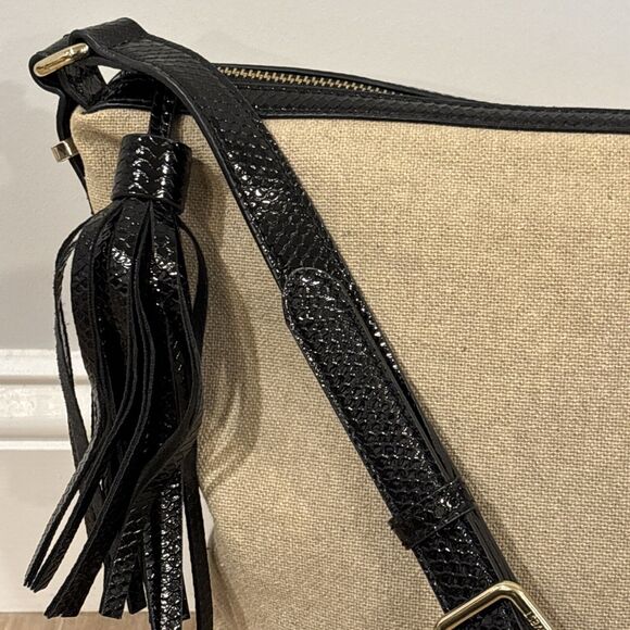Nine West Canvas Shoulder Bag Black Patent Leather Nailhead Trim Tassle 10x12 - Picture 2 of 16